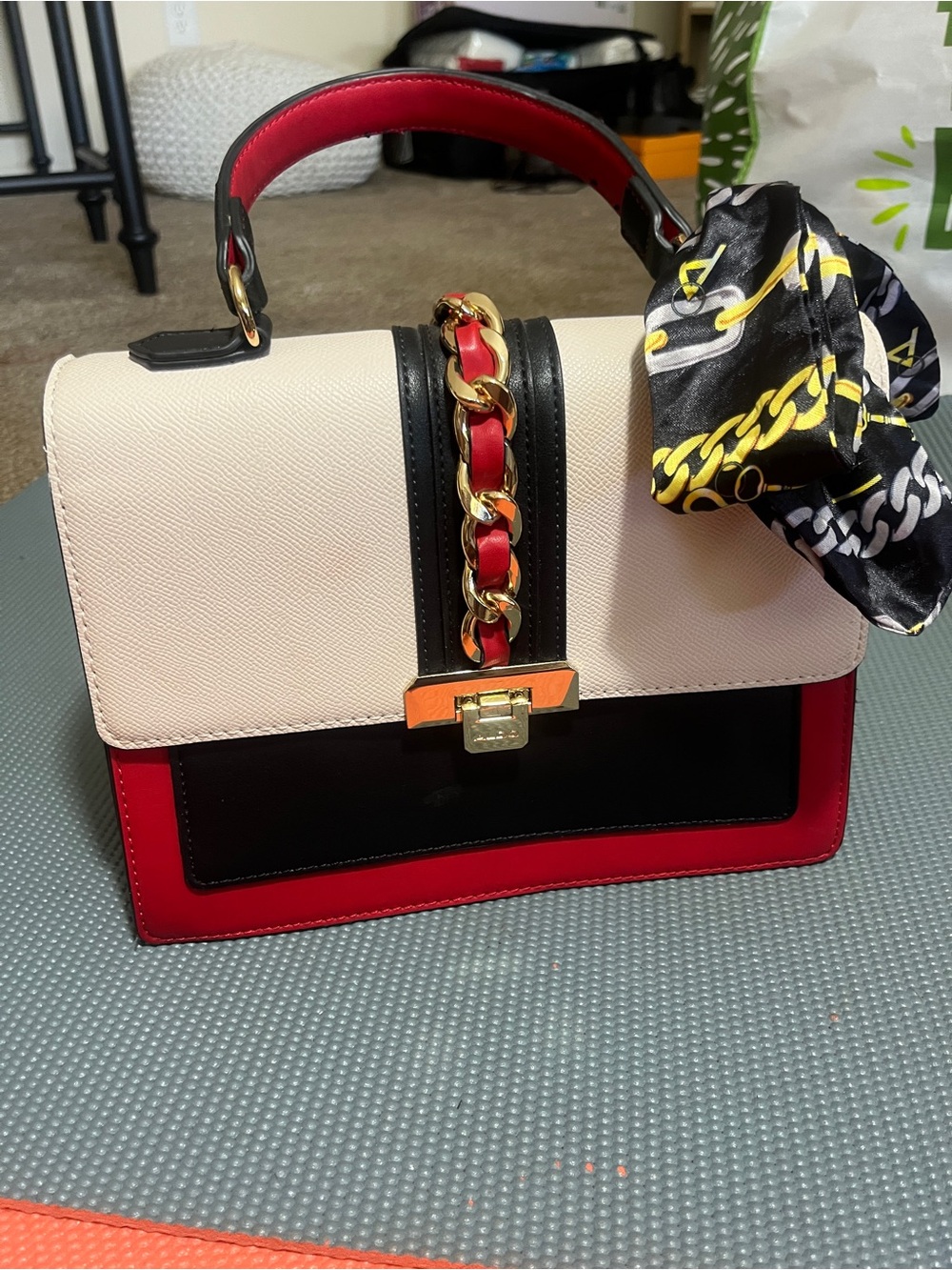 Aldo Colorblock Top-Handle Satchel in Ivory, Black & Red with Scarf Accent
